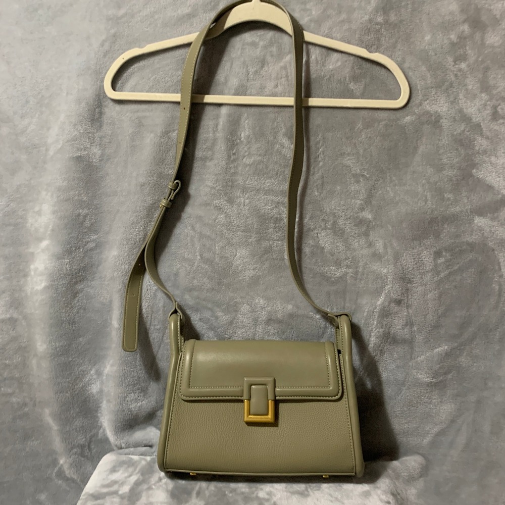 Madison West Taupe Pebbled Leather Shoulder Crossbody Bag Gold Buckle Flap